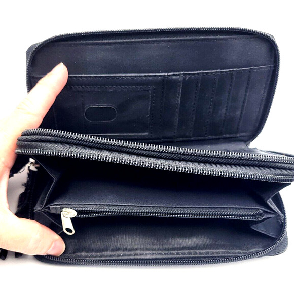 KENNETH COLE REACTION Black Clutch Organizer Leather Tassel Zipper Pulls 8x4.5x1 - Picture 7 of 11